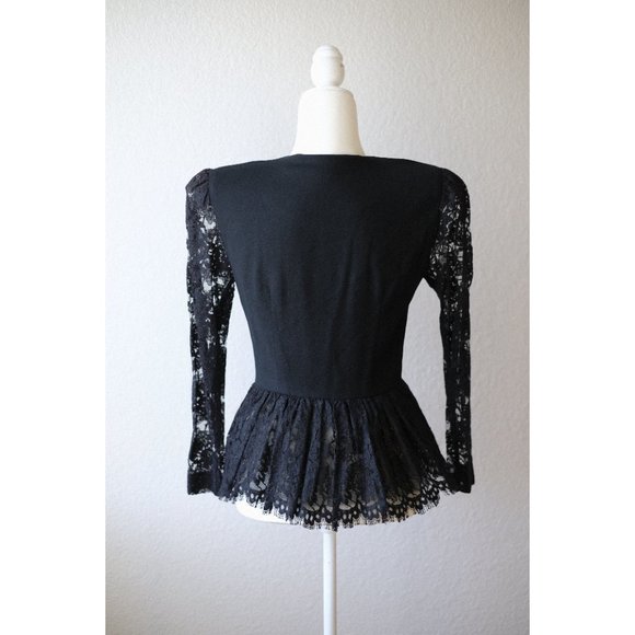 80s Vintage Black Lace Button-Up with Shoulder Pads - Picture 3 of 4